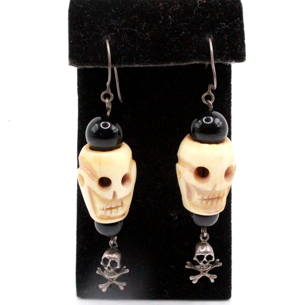 Vintage Sterling Silver Skull Sculpted Unique Dangle 3" Long Earrings